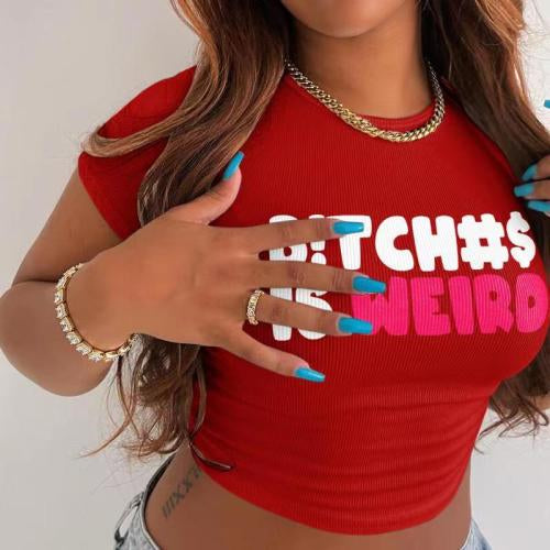 Summer Letter Print Crop T-Shirt with B!tch#s is Weird slogan, slim fit and short sleeve design, perfect for trendy summer style