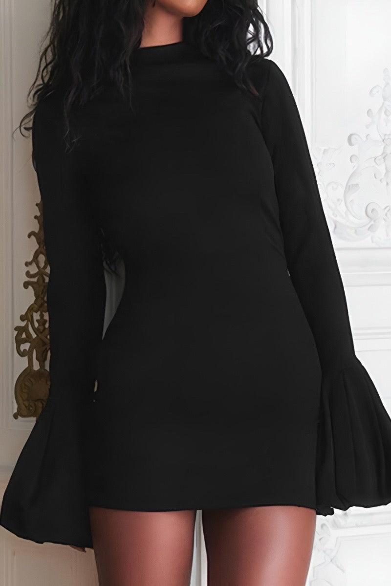 black mini dress with puff sleeves