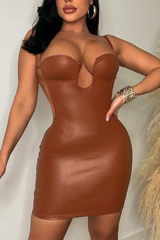 Faux leather bodycon mini dress with underwire and backless design, perfect for a sexy night out. Slight stretch for a comfortable fit. Shop now for the ultimate statement piece