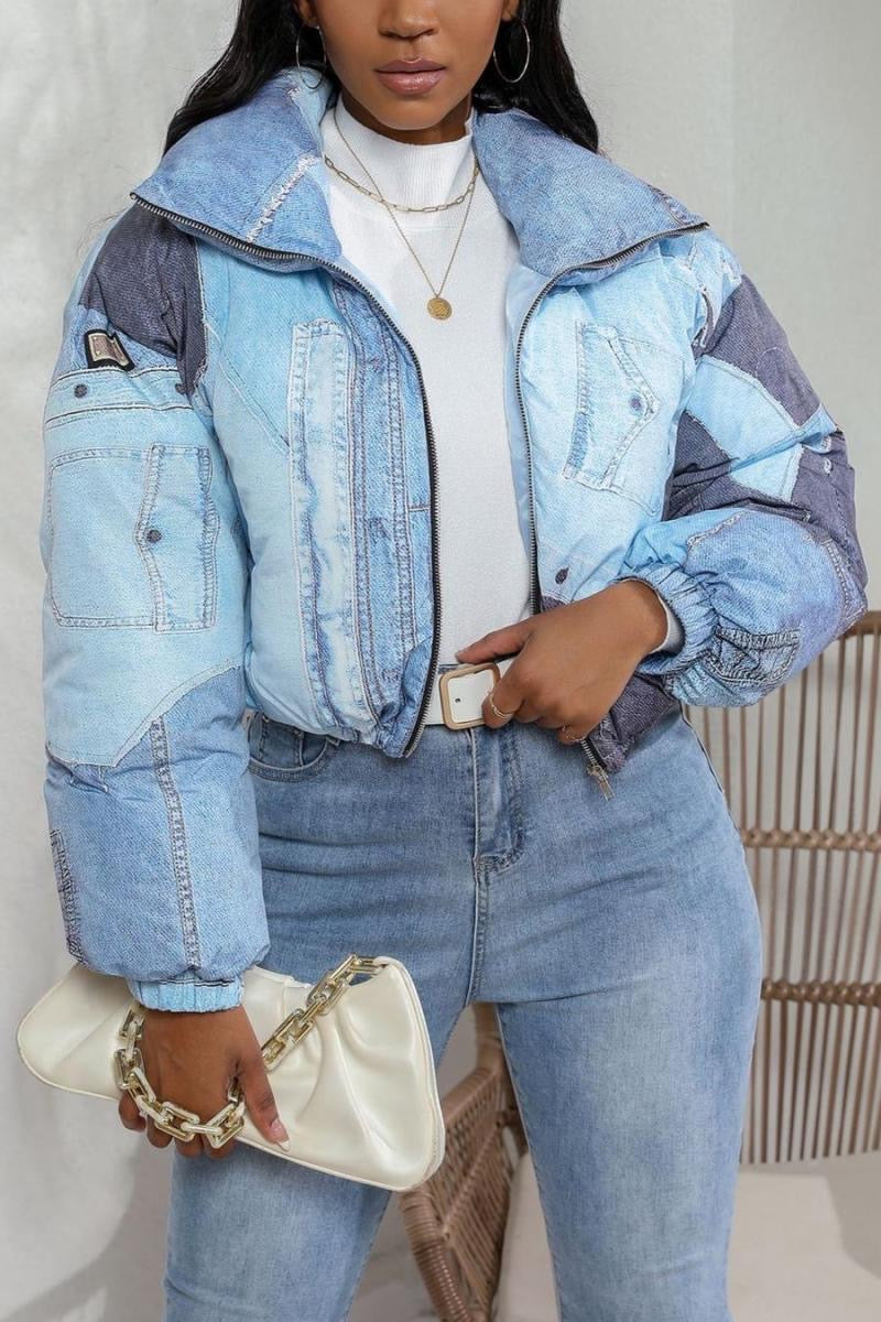 Denim Patchwork Puffer Jacket, Blue, Winter Coat, Warm, Stylish, Casual