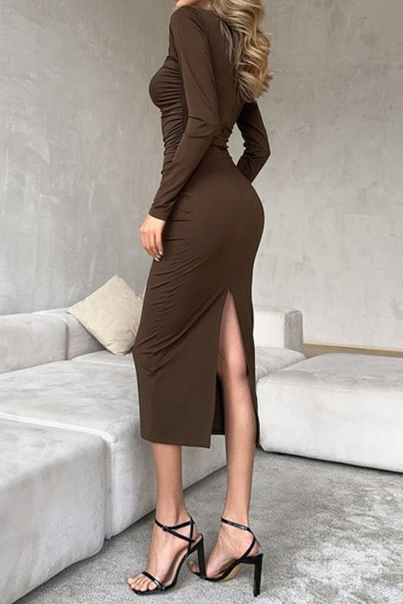 brown long sleeve midi dress