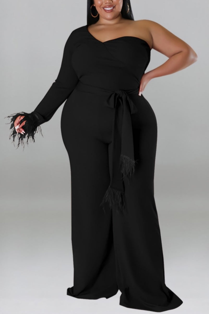 Trendy plus size jumpsuit in three autumn colors with a stretchy fabric and one shoulder design. The jumpsuit features feather detailing and a back zip-up closure, complete with a stylish belt. Perfect for a fashionable look this season.