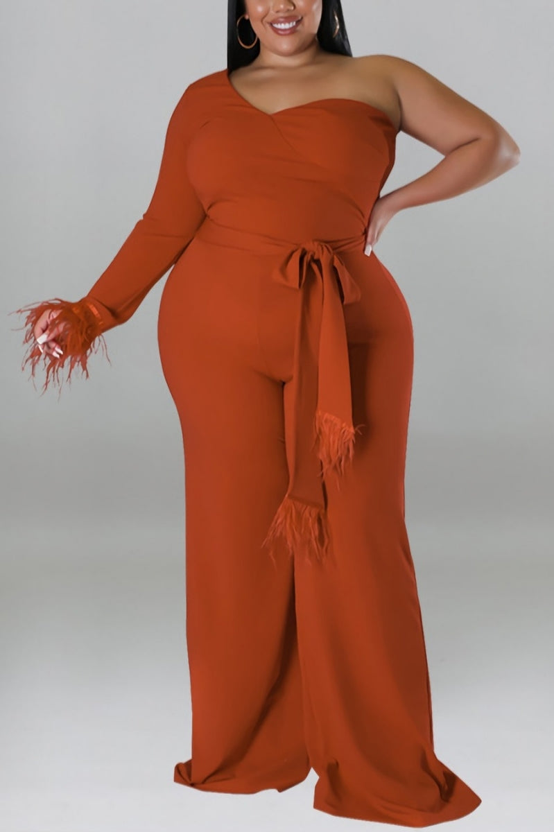 Trendy plus size jumpsuit in three autumn colors with a stretchy fabric and one shoulder design. The jumpsuit features feather detailing and a back zip-up closure, complete with a stylish belt. Perfect for a fashionable look this season.