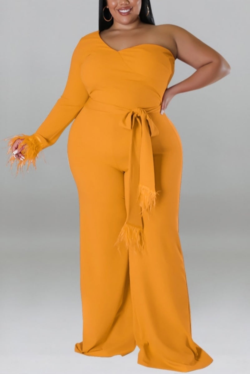 Trendy plus size jumpsuit in three autumn colors with a stretchy fabric and one shoulder design. The jumpsuit features feather detailing and a back zip-up closure, complete with a stylish belt. Perfect for a fashionable look this season.