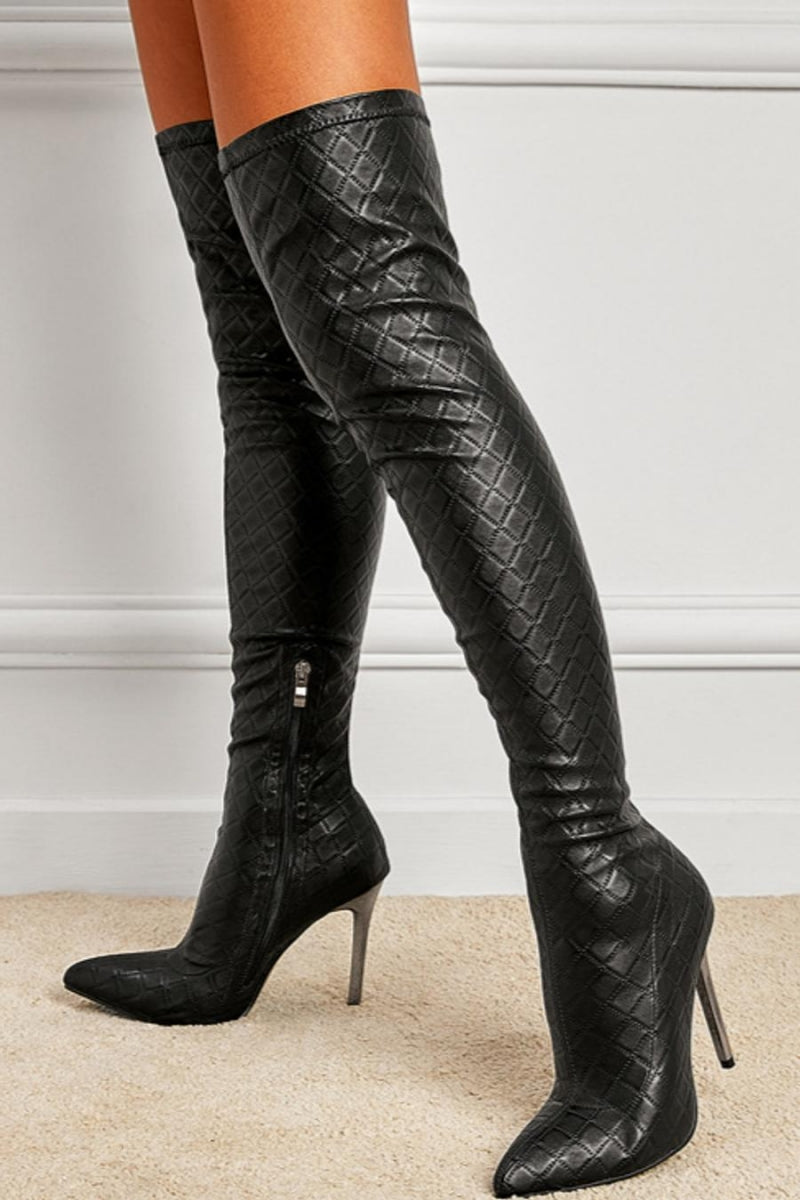 A trendy pair of over-the-knee high-heel boots in stylish black lattice PU leather featuring a pointed toe and zip-up closure, perfect for adding a touch of edgy sophistication to any outfit.