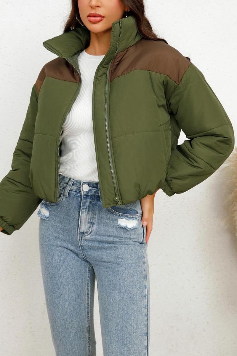 Dark Green Colorblock Puffer Coat, Winter Coat, Warm, Stylish, Casual